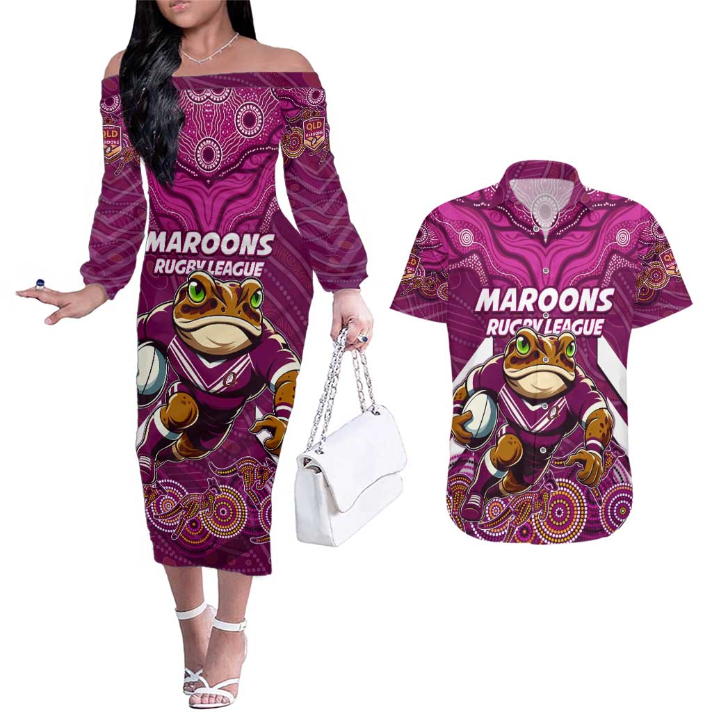 Custom Maroons Cane Toad Couples Matching Off The Shoulder Long Sleeve Dress and Hawaiian Shirt Queensland Rugby