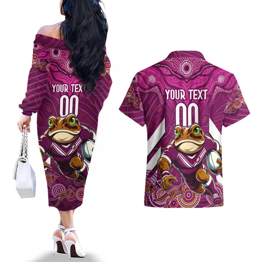 Custom Maroons Cane Toad Couples Matching Off The Shoulder Long Sleeve Dress and Hawaiian Shirt Queensland Rugby