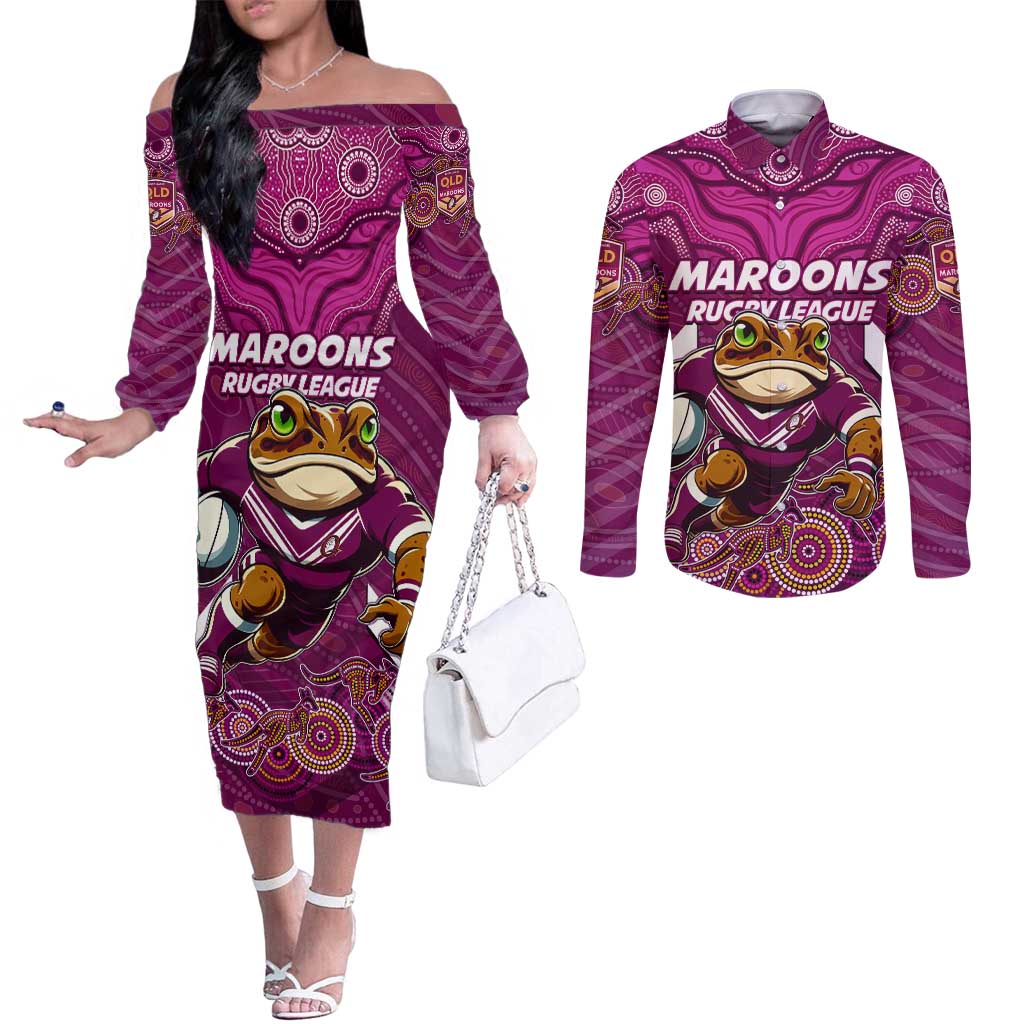 Custom Maroons Cane Toad Couples Matching Off The Shoulder Long Sleeve Dress and Long Sleeve Button Shirt Queensland Rugby