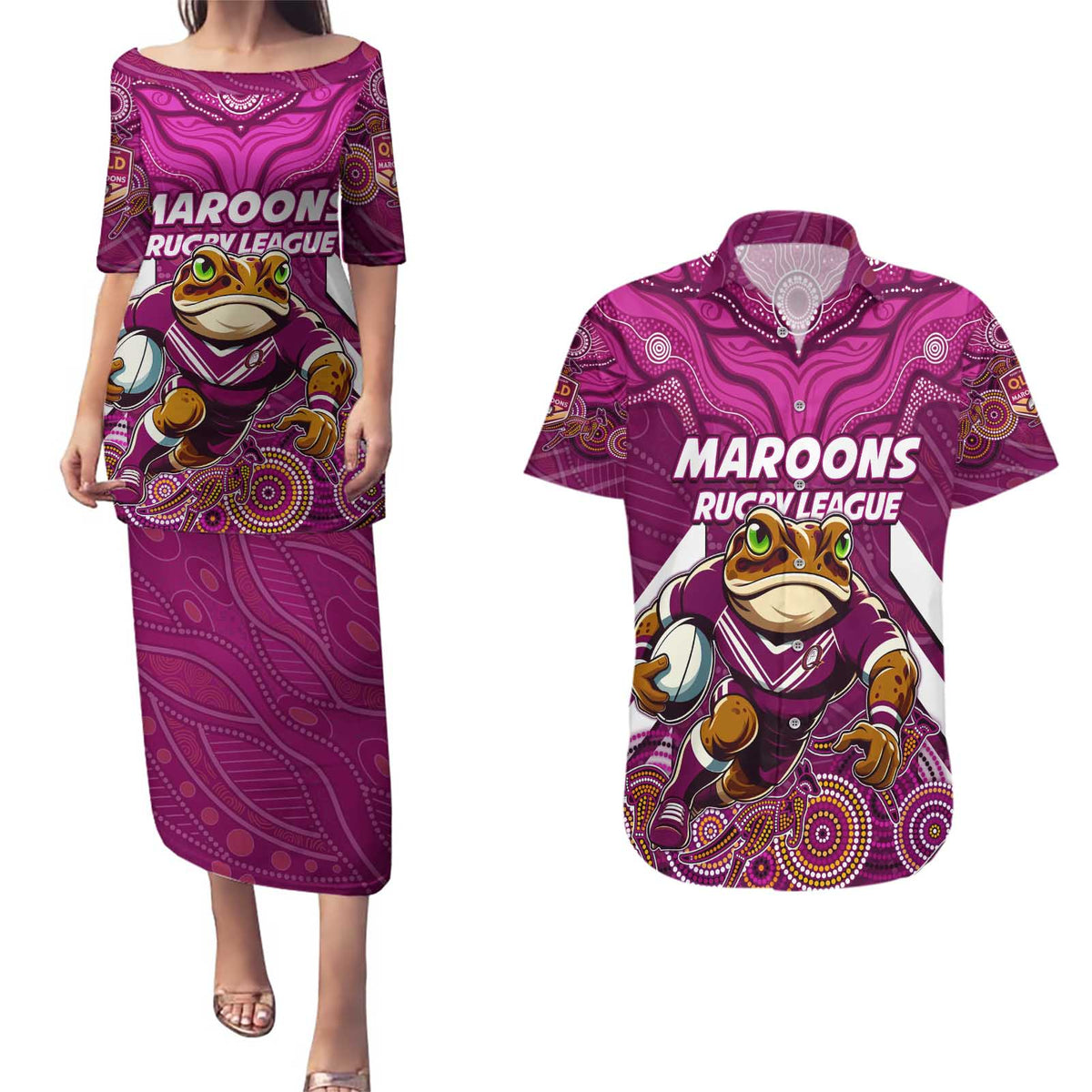 Custom Maroons Cane Toad Couples Matching Puletasi and Hawaiian Shirt Queensland Rugby