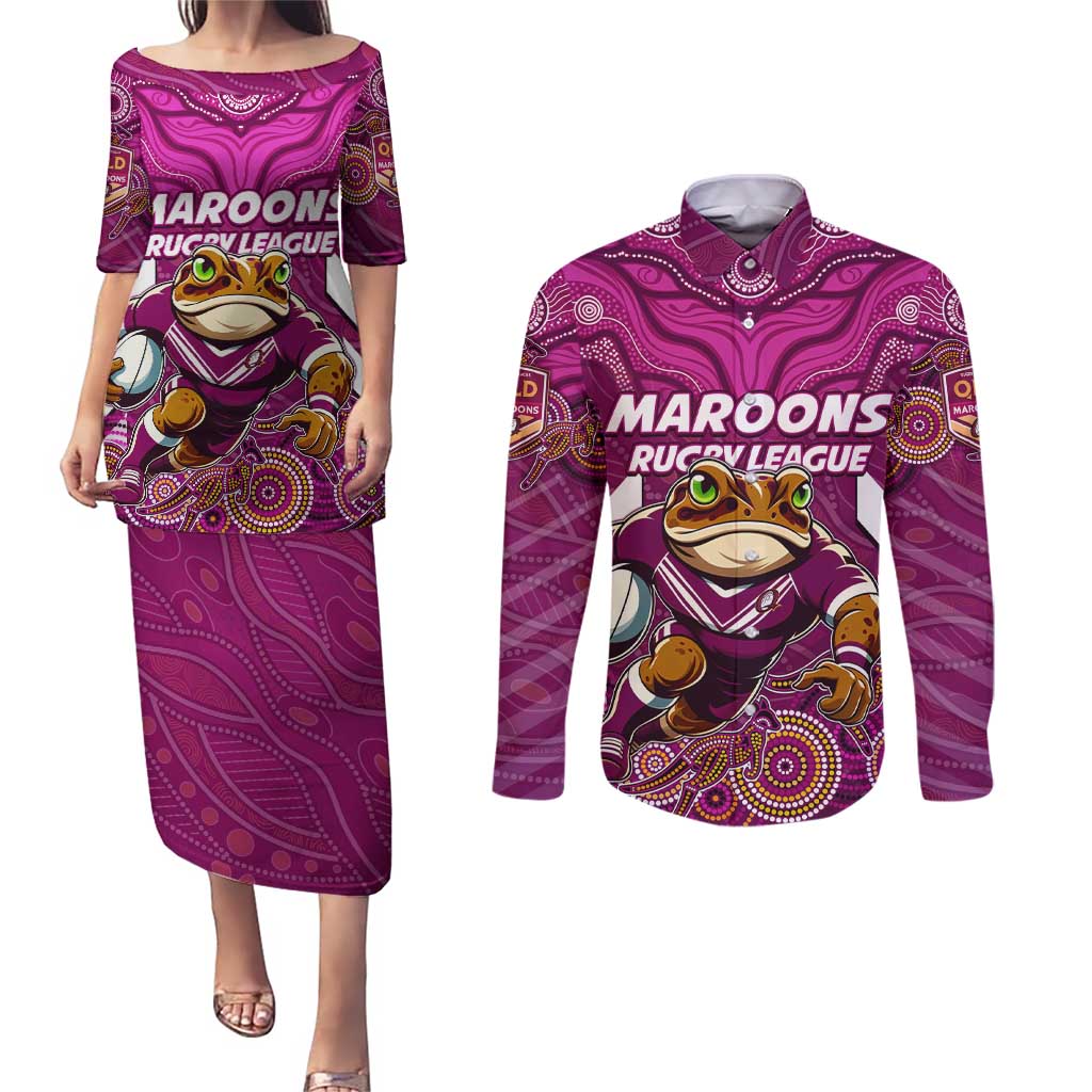Custom Maroons Cane Toad Couples Matching Puletasi and Long Sleeve Button Shirt Queensland Rugby