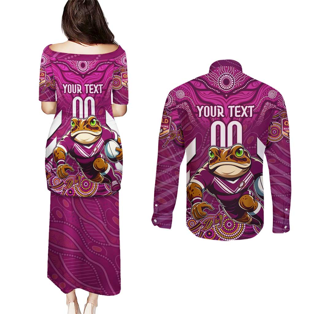 Custom Maroons Cane Toad Couples Matching Puletasi and Long Sleeve Button Shirt Queensland Rugby