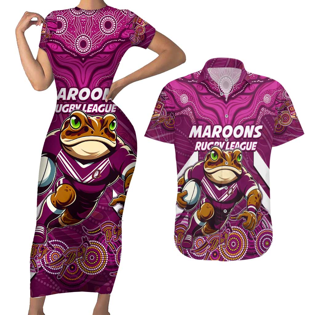 Custom Maroons Cane Toad Couples Matching Short Sleeve Bodycon Dress and Hawaiian Shirt Queensland Rugby