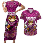 Custom Maroons Cane Toad Couples Matching Short Sleeve Bodycon Dress and Hawaiian Shirt Queensland Rugby