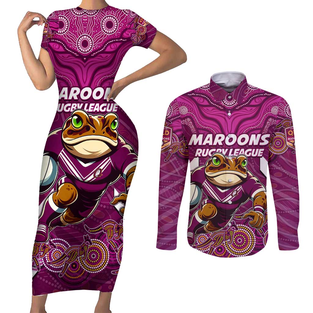 Custom Maroons Cane Toad Couples Matching Short Sleeve Bodycon Dress and Long Sleeve Button Shirt Queensland Rugby