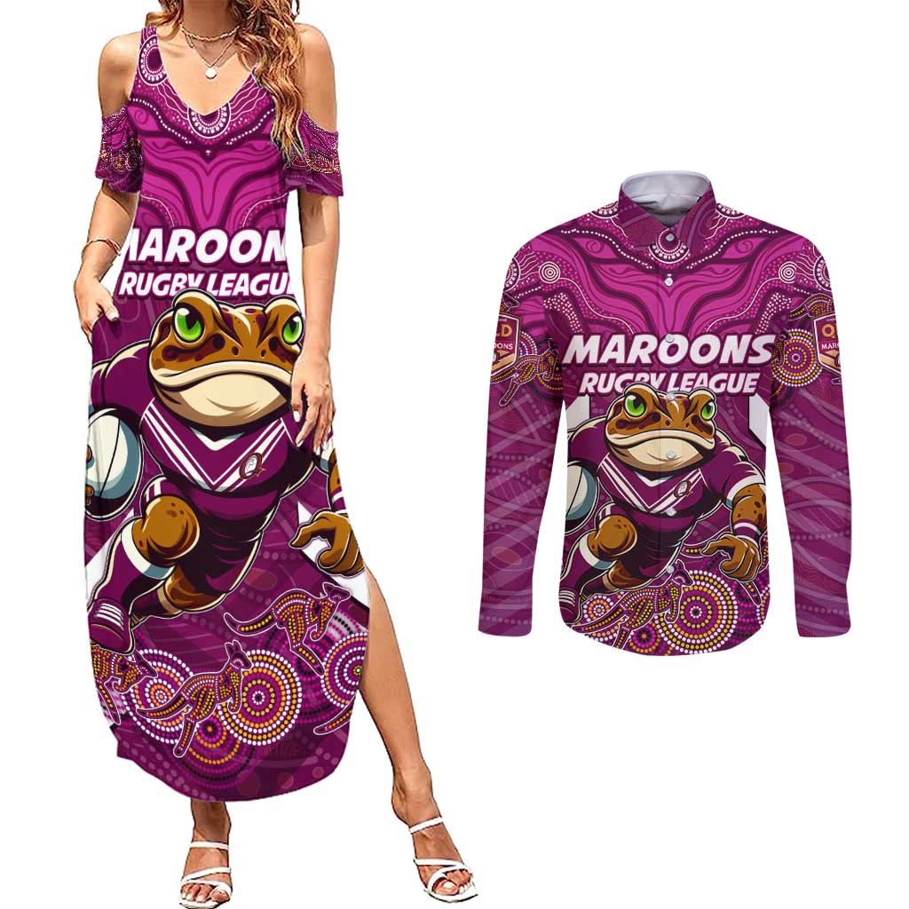 Custom Maroons Cane Toad Couples Matching Summer Maxi Dress and Long Sleeve Button Shirt Queensland Rugby