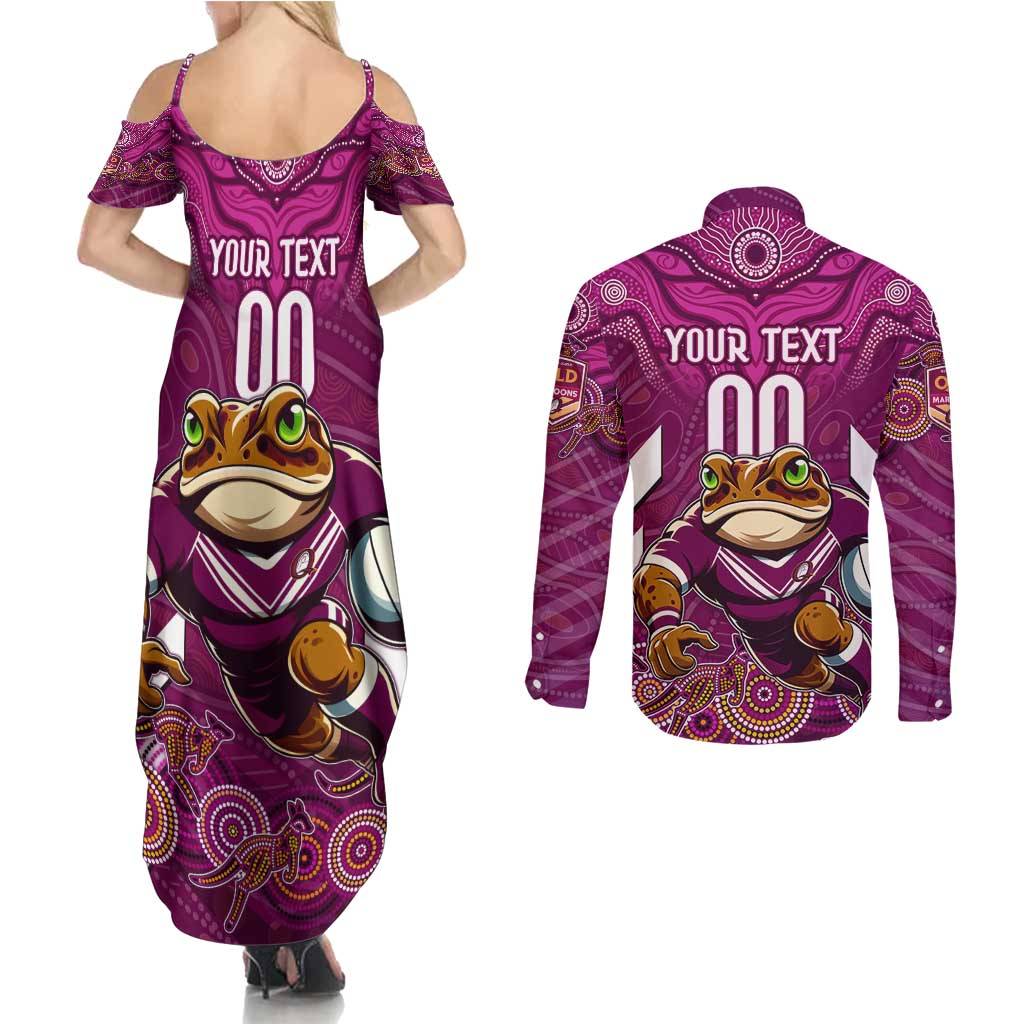 Custom Maroons Cane Toad Couples Matching Summer Maxi Dress and Long Sleeve Button Shirt Queensland Rugby