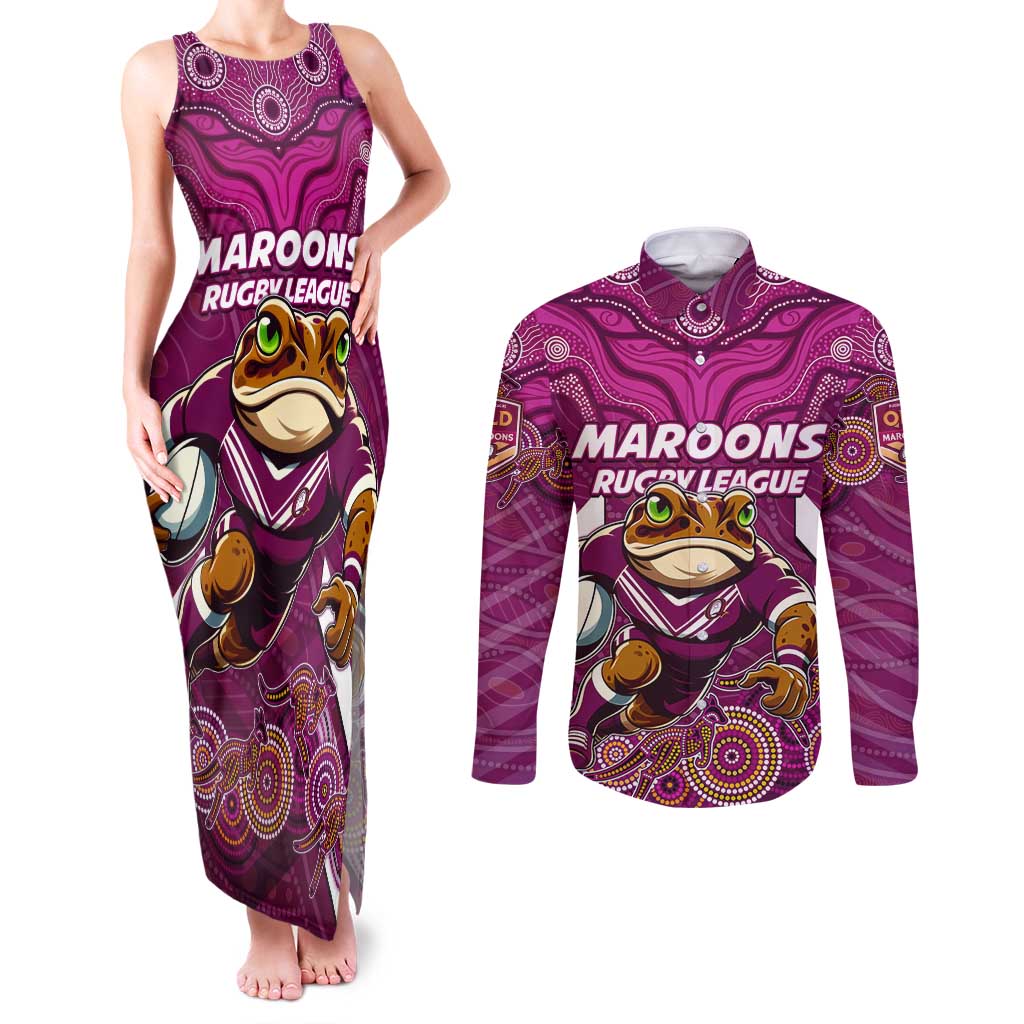 Custom Maroons Cane Toad Couples Matching Tank Maxi Dress and Long Sleeve Button Shirt Queensland Rugby