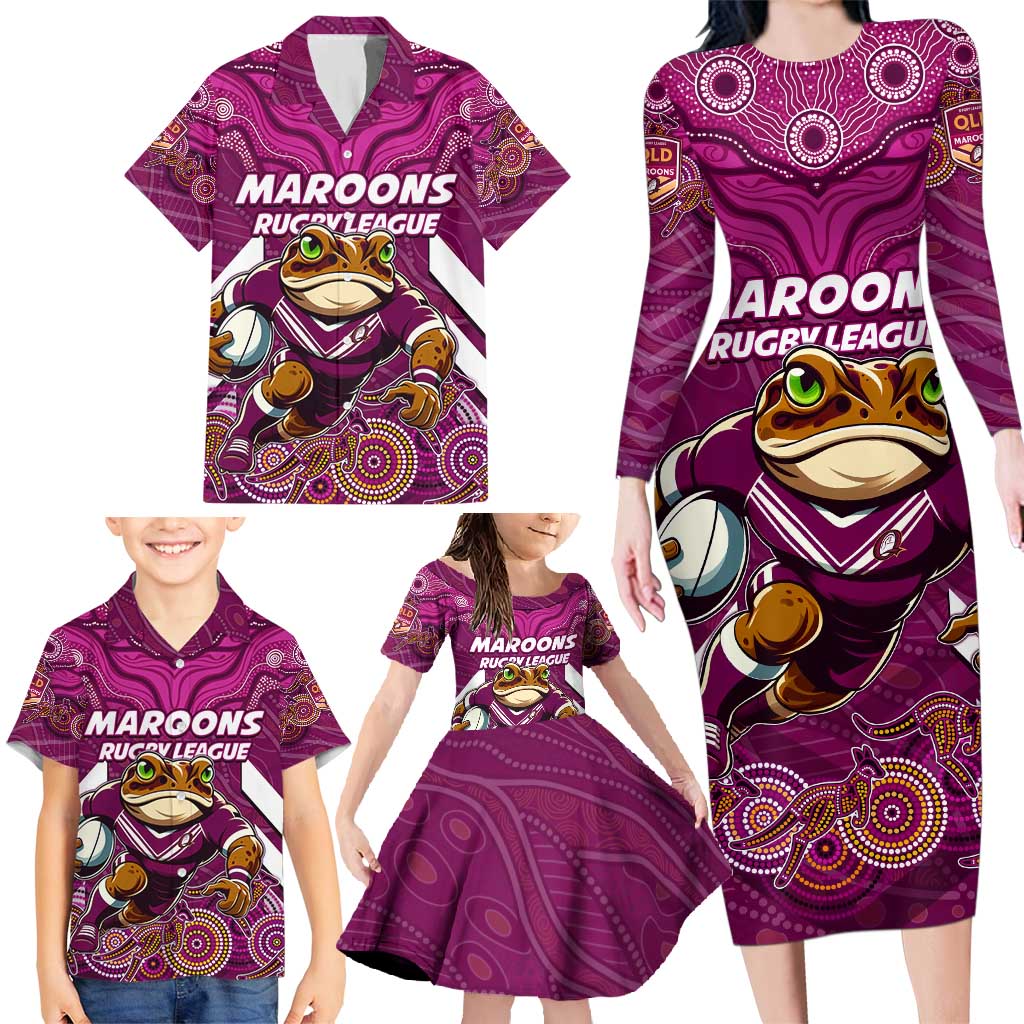 Custom Maroons Cane Toad Family Matching Long Sleeve Bodycon Dress and Hawaiian Shirt Queensland Rugby