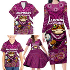 Custom Maroons Cane Toad Family Matching Long Sleeve Bodycon Dress and Hawaiian Shirt Queensland Rugby