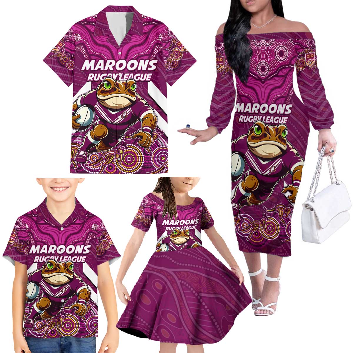 Custom Maroons Cane Toad Family Matching Off The Shoulder Long Sleeve Dress and Hawaiian Shirt Queensland Rugby