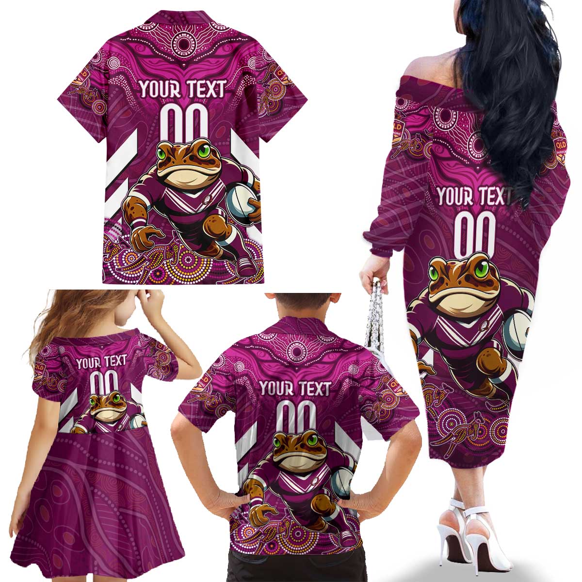 Custom Maroons Cane Toad Family Matching Off The Shoulder Long Sleeve Dress and Hawaiian Shirt Queensland Rugby
