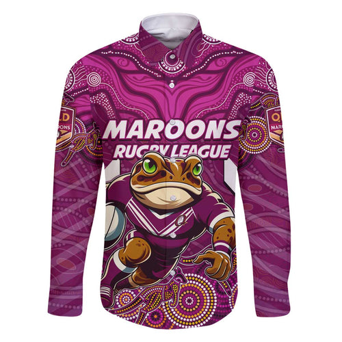 Custom Maroons Cane Toad Family Matching Off The Shoulder Long Sleeve Dress and Hawaiian Shirt Queensland Rugby