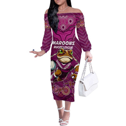 Custom Maroons Cane Toad Family Matching Off The Shoulder Long Sleeve Dress and Hawaiian Shirt Queensland Rugby