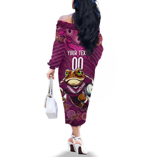 Custom Maroons Cane Toad Family Matching Off The Shoulder Long Sleeve Dress and Hawaiian Shirt Queensland Rugby