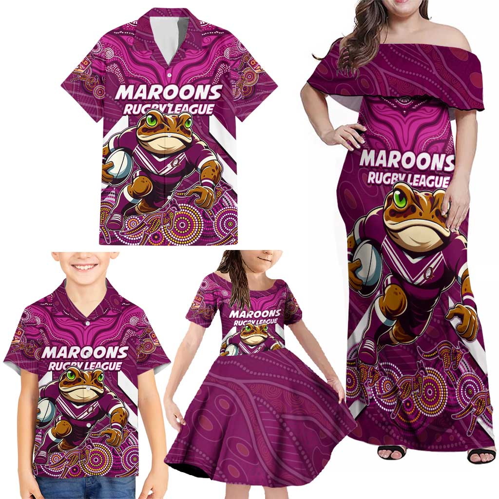 Custom Maroons Cane Toad Family Matching Off Shoulder Maxi Dress and Hawaiian Shirt Queensland Rugby
