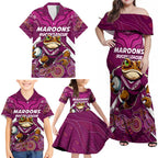 Custom Maroons Cane Toad Family Matching Off Shoulder Maxi Dress and Hawaiian Shirt Queensland Rugby