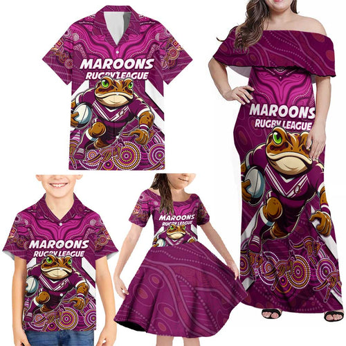 Custom Maroons Cane Toad Family Matching Off Shoulder Maxi Dress and Hawaiian Shirt Queensland Rugby