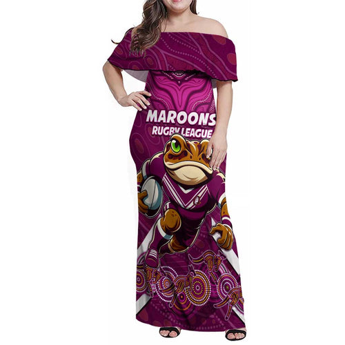 Custom Maroons Cane Toad Family Matching Off Shoulder Maxi Dress and Hawaiian Shirt Queensland Rugby