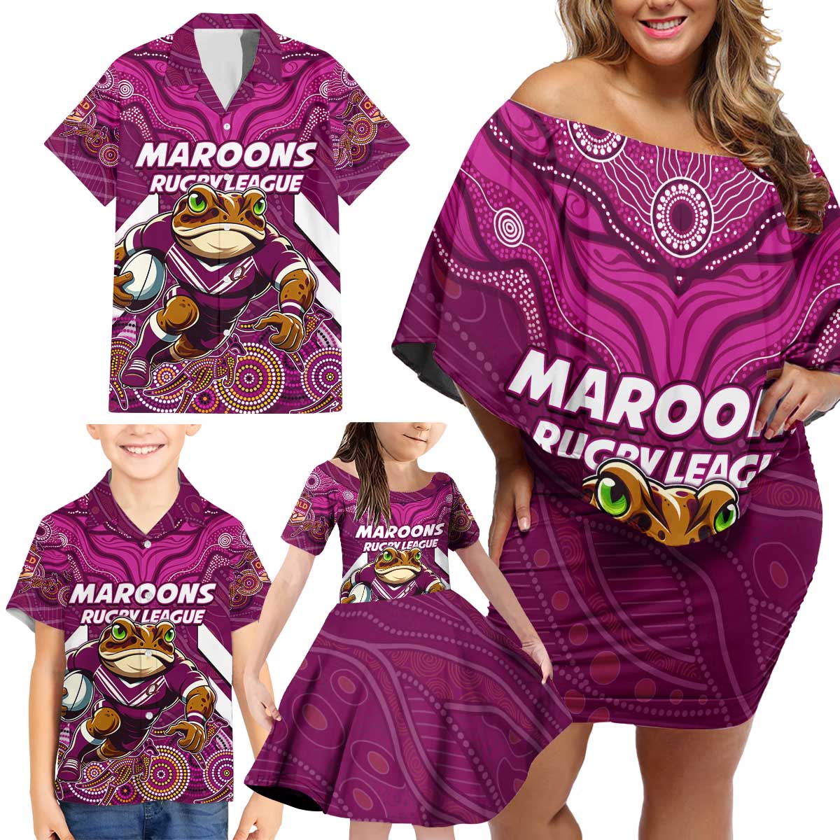 Custom Maroons Cane Toad Family Matching Off Shoulder Short Dress and Hawaiian Shirt Queensland Rugby
