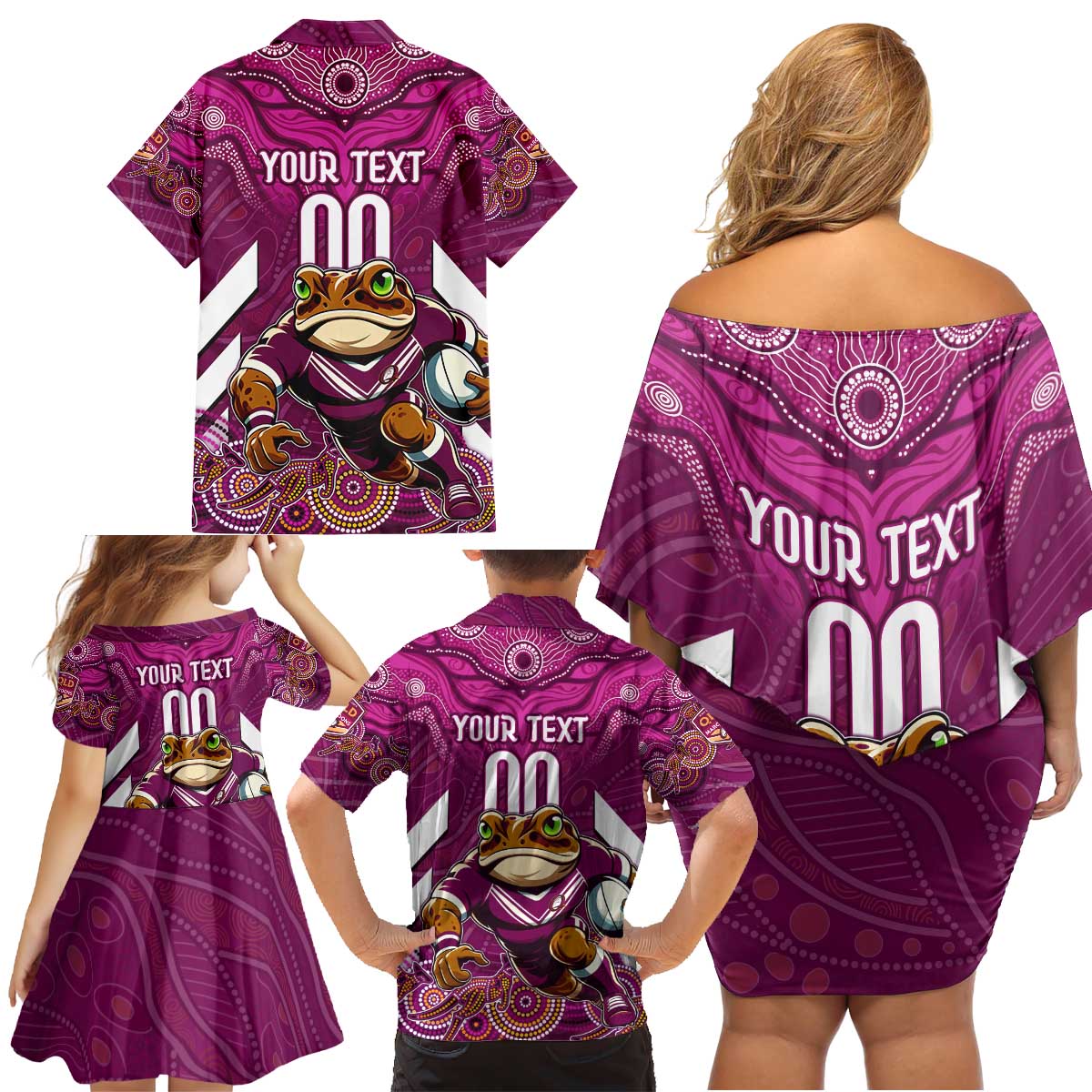Custom Maroons Cane Toad Family Matching Off Shoulder Short Dress and Hawaiian Shirt Queensland Rugby