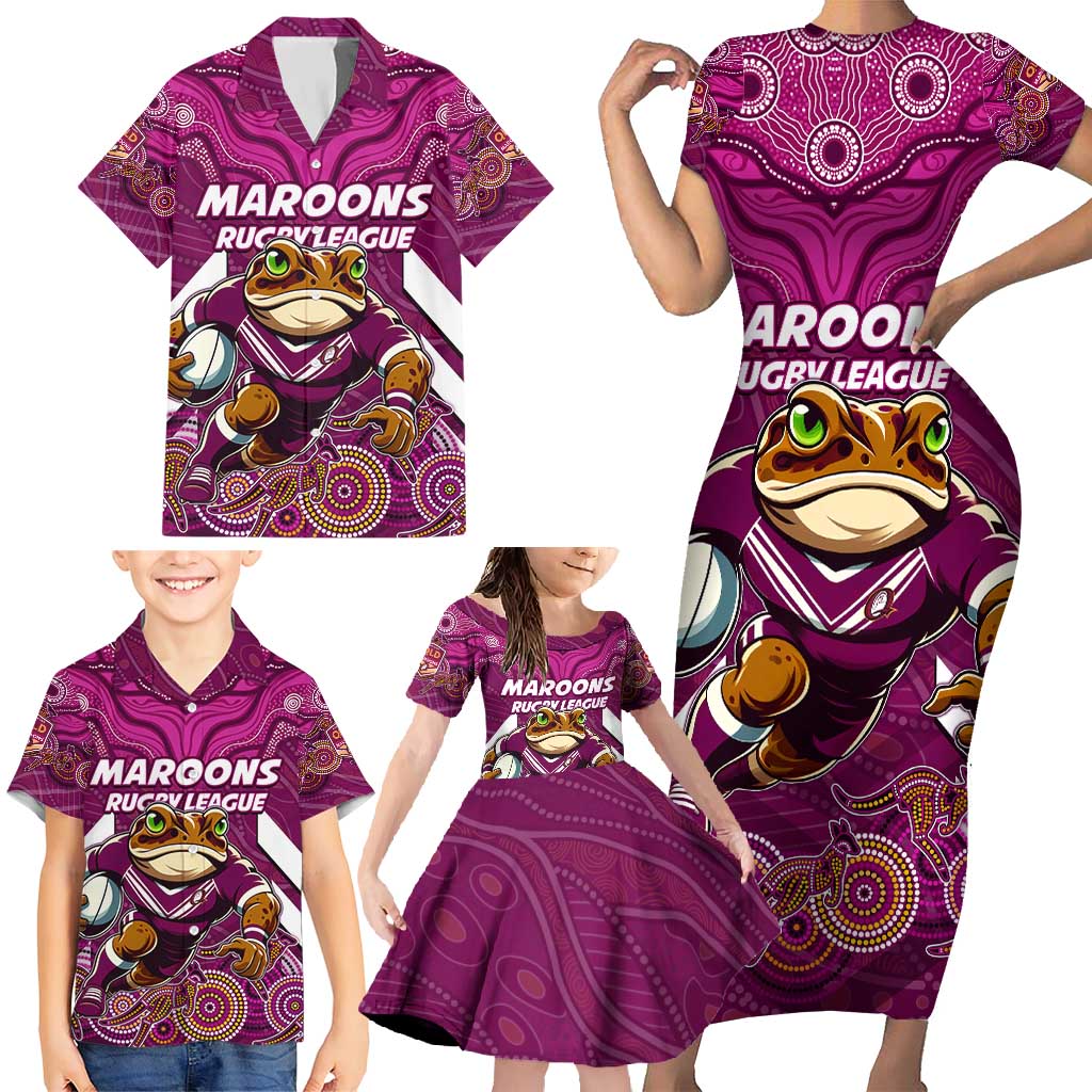 Custom Maroons Cane Toad Family Matching Short Sleeve Bodycon Dress and Hawaiian Shirt Queensland Rugby