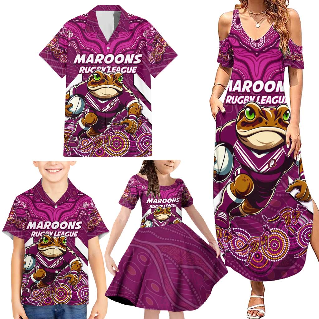 Custom Maroons Cane Toad Family Matching Summer Maxi Dress and Hawaiian Shirt Queensland Rugby