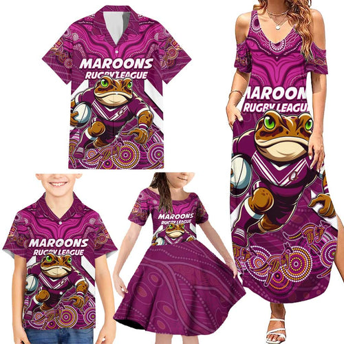 Custom Maroons Cane Toad Family Matching Summer Maxi Dress and Hawaiian Shirt Queensland Rugby