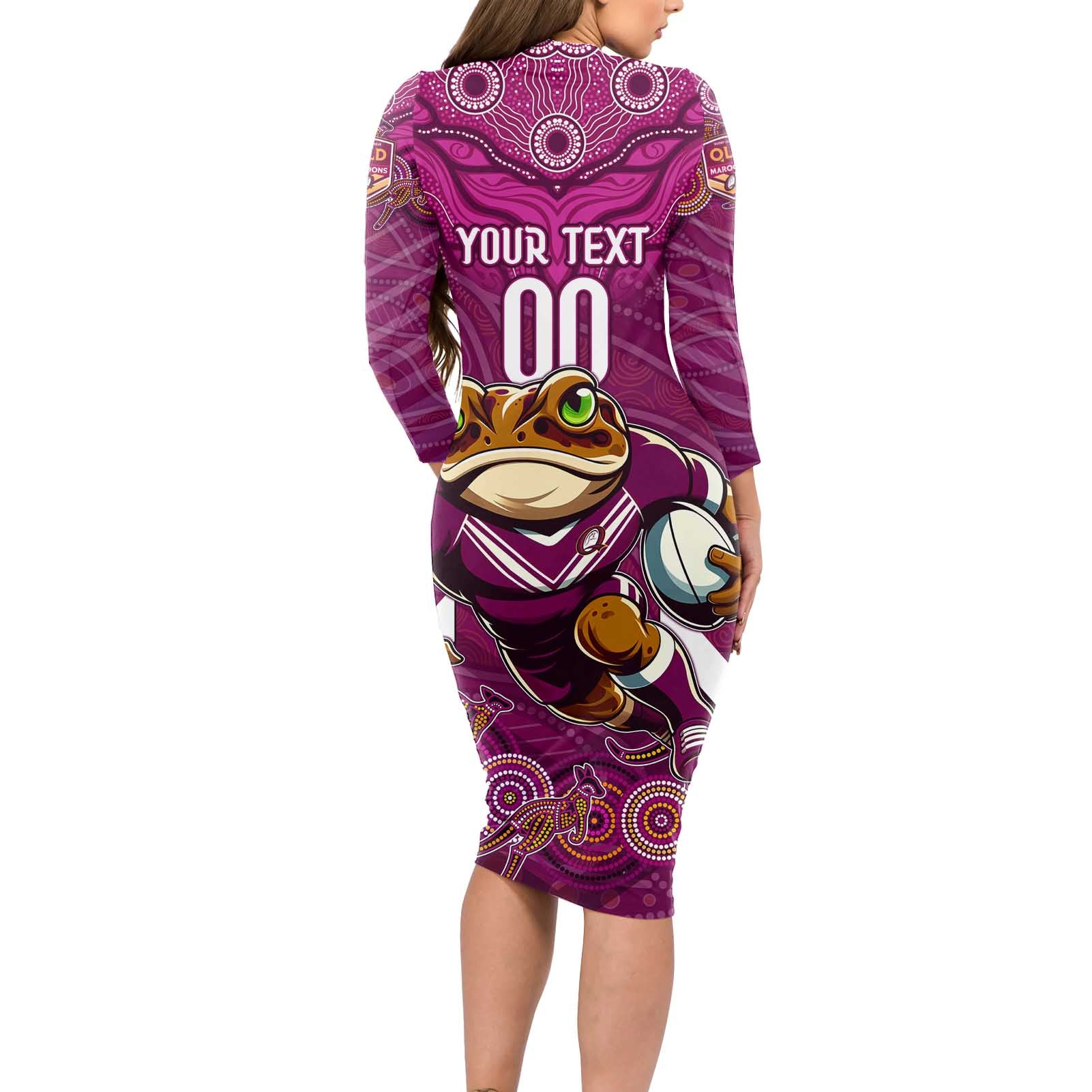 Custom Maroons Cane Toad Long Sleeve Bodycon Dress Queensland Rugby