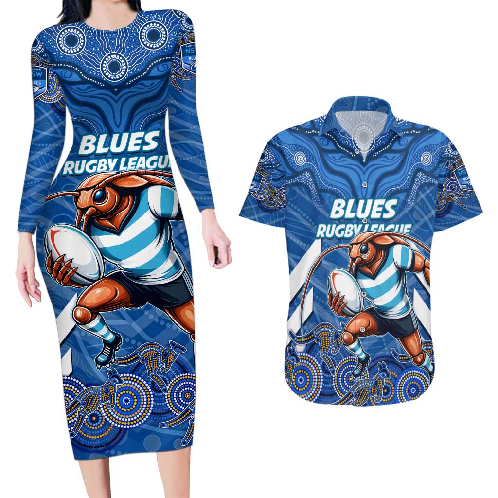 Custom Blues Cockroaches Couples Matching Long Sleeve Bodycon Dress and Hawaiian Shirt New South Wales Rugby