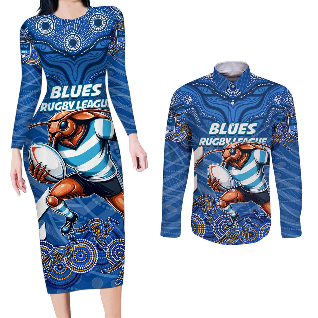 Custom Blues Cockroaches Couples Matching Long Sleeve Bodycon Dress and Long Sleeve Button Shirt New South Wales Rugby