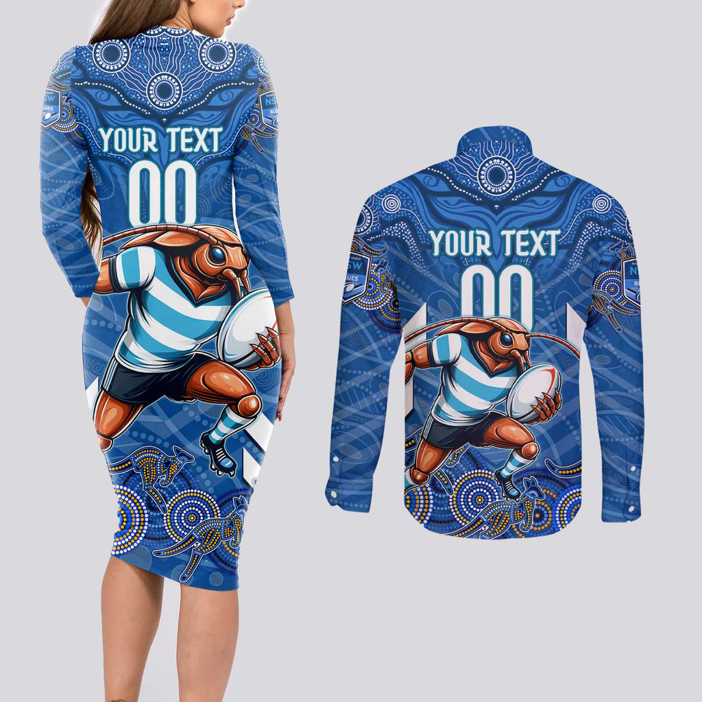 Custom Blues Cockroaches Couples Matching Long Sleeve Bodycon Dress and Long Sleeve Button Shirt New South Wales Rugby