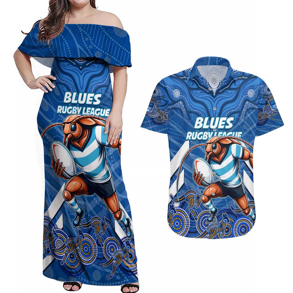 Custom Blues Cockroaches Couples Matching Off Shoulder Maxi Dress and Hawaiian Shirt New South Wales Rugby
