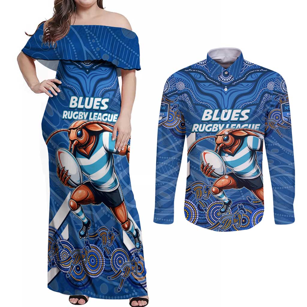 Custom Blues Cockroaches Couples Matching Off Shoulder Maxi Dress and Long Sleeve Button Shirt New South Wales Rugby