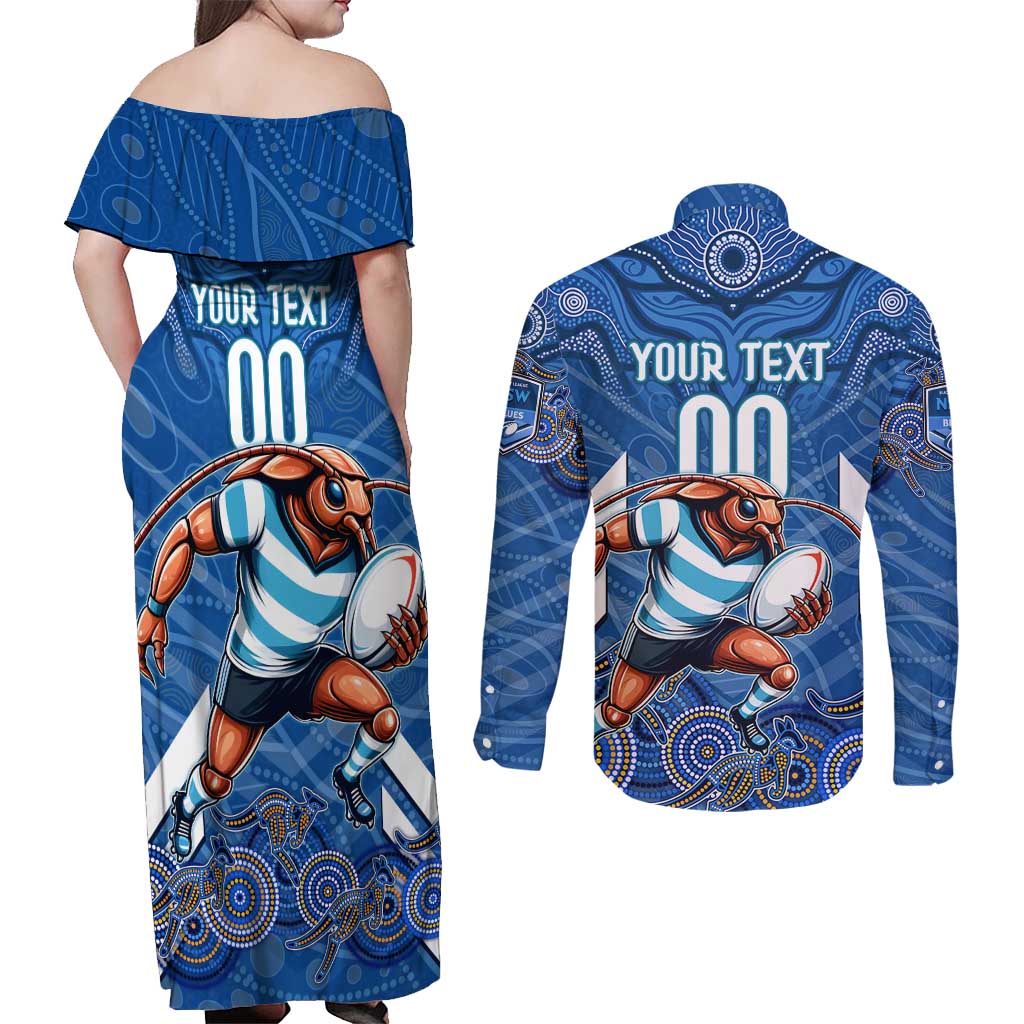Custom Blues Cockroaches Couples Matching Off Shoulder Maxi Dress and Long Sleeve Button Shirt New South Wales Rugby