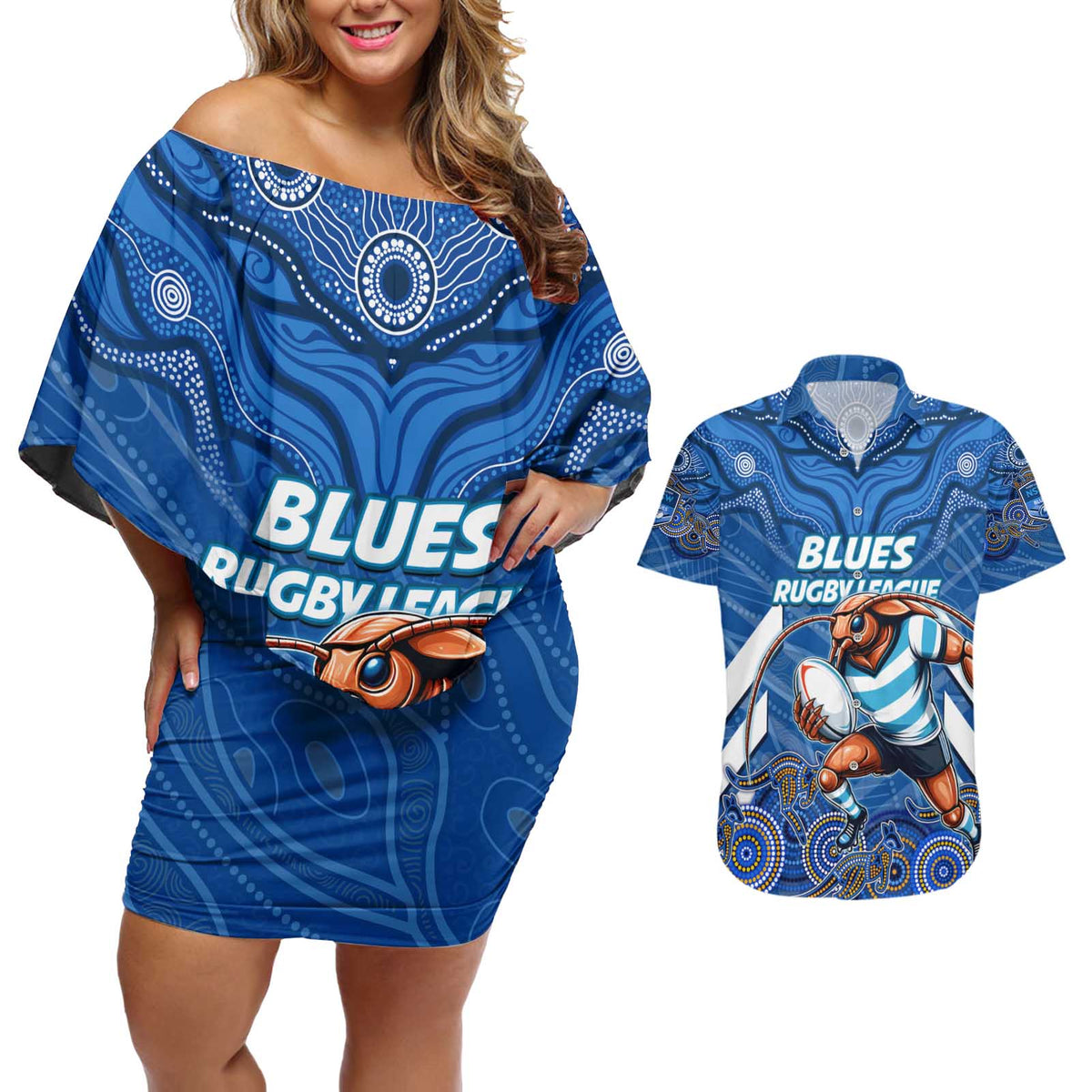 Custom Blues Cockroaches Couples Matching Off Shoulder Short Dress and Hawaiian Shirt New South Wales Rugby