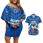 Custom Blues Cockroaches Couples Matching Off Shoulder Short Dress and Hawaiian Shirt New South Wales Rugby