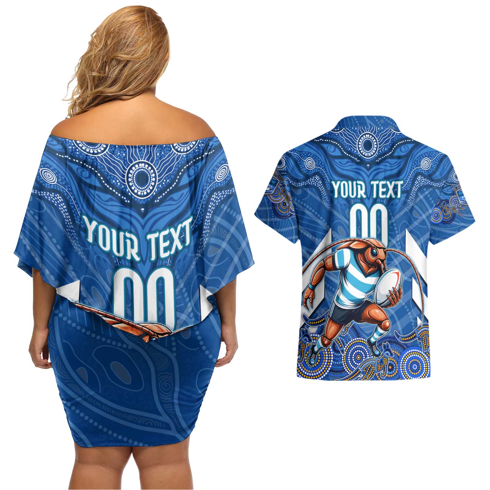 Custom Blues Cockroaches Couples Matching Off Shoulder Short Dress and Hawaiian Shirt New South Wales Rugby