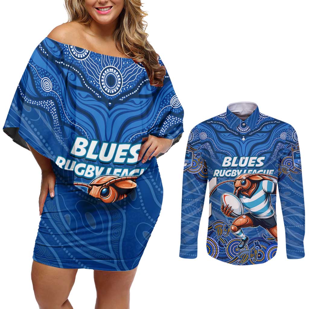 Custom Blues Cockroaches Couples Matching Off Shoulder Short Dress and Long Sleeve Button Shirt New South Wales Rugby