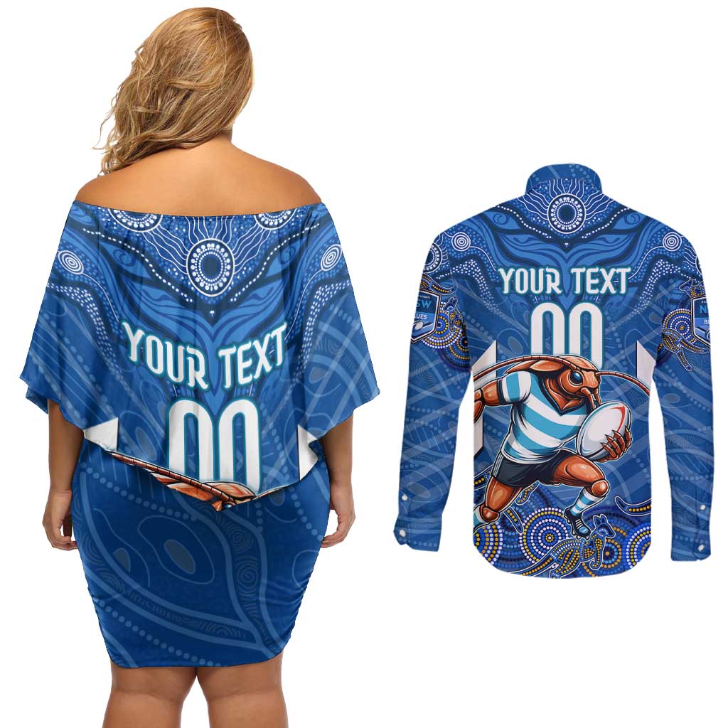 Custom Blues Cockroaches Couples Matching Off Shoulder Short Dress and Long Sleeve Button Shirt New South Wales Rugby