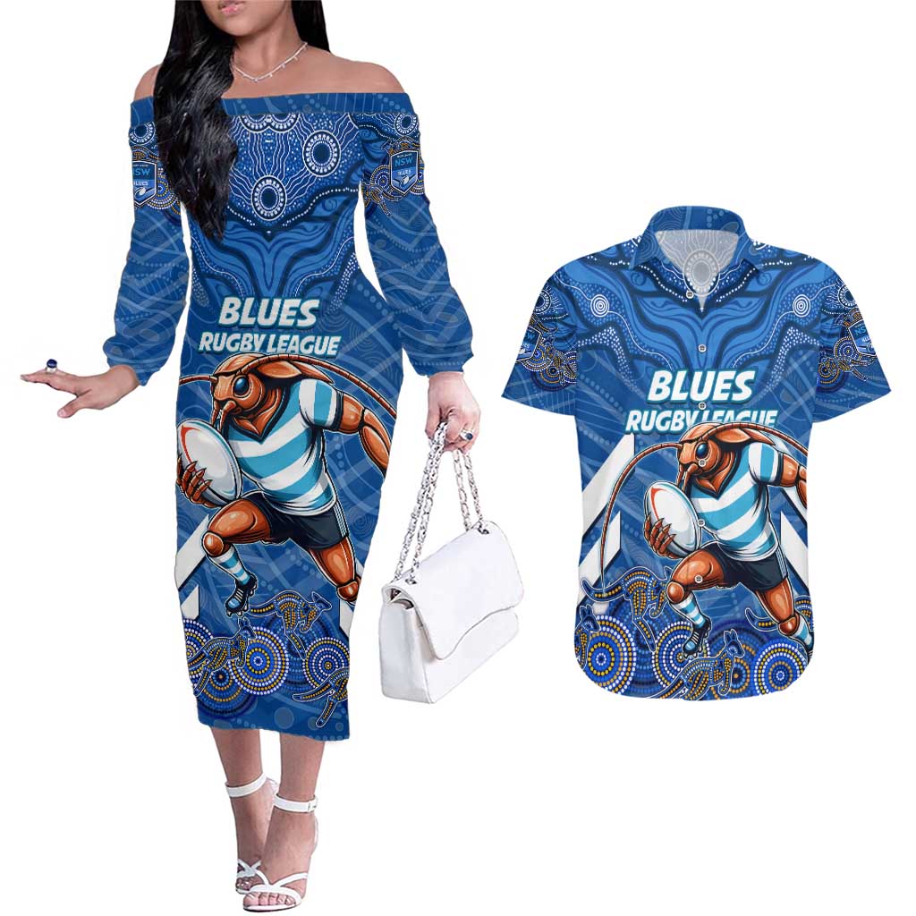 Custom Blues Cockroaches Couples Matching Off The Shoulder Long Sleeve Dress and Hawaiian Shirt New South Wales Rugby