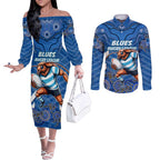 Custom Blues Cockroaches Couples Matching Off The Shoulder Long Sleeve Dress and Long Sleeve Button Shirt New South Wales Rugby