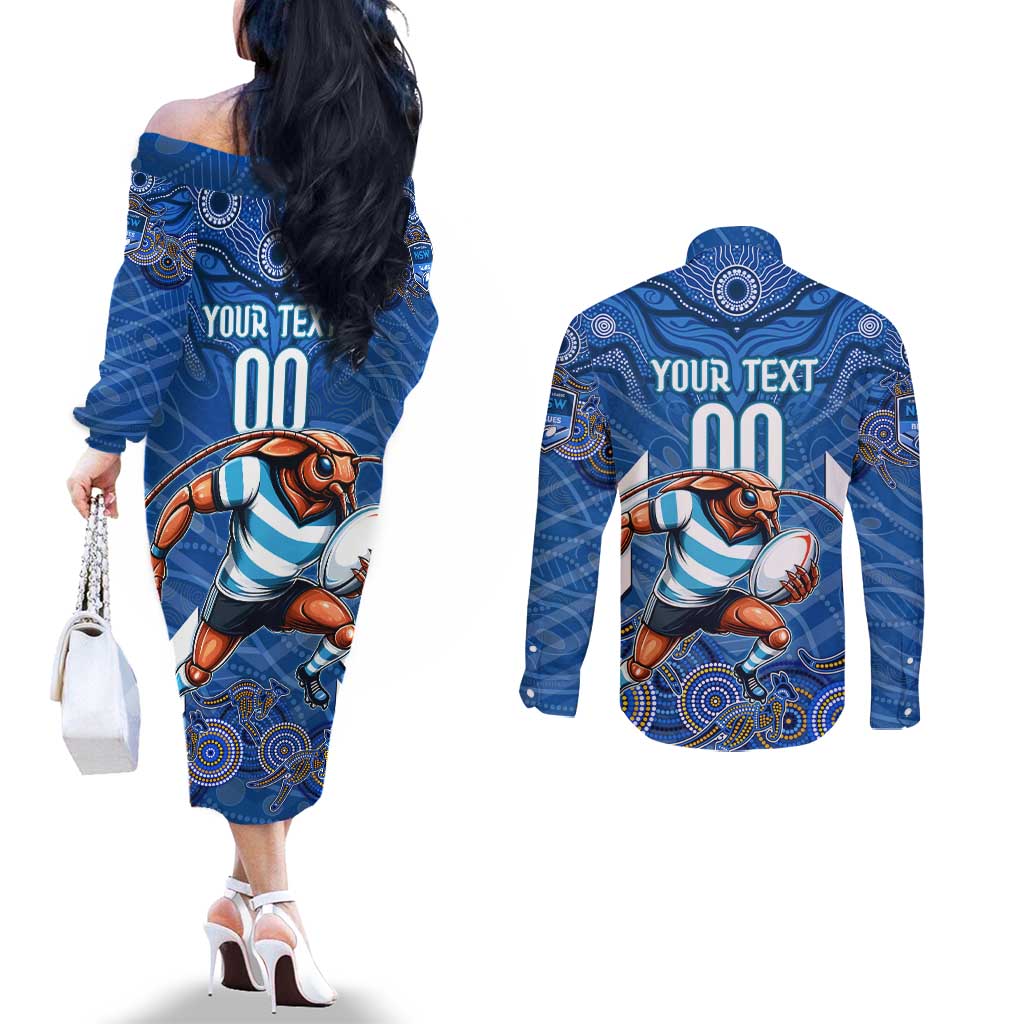 Custom Blues Cockroaches Couples Matching Off The Shoulder Long Sleeve Dress and Long Sleeve Button Shirt New South Wales Rugby