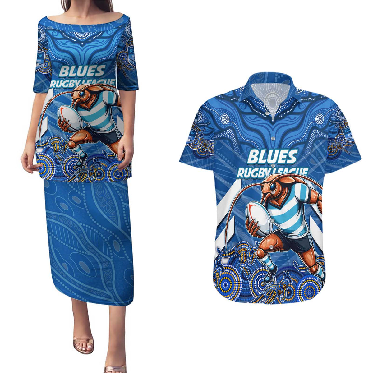 Custom Blues Cockroaches Couples Matching Puletasi and Hawaiian Shirt New South Wales Rugby