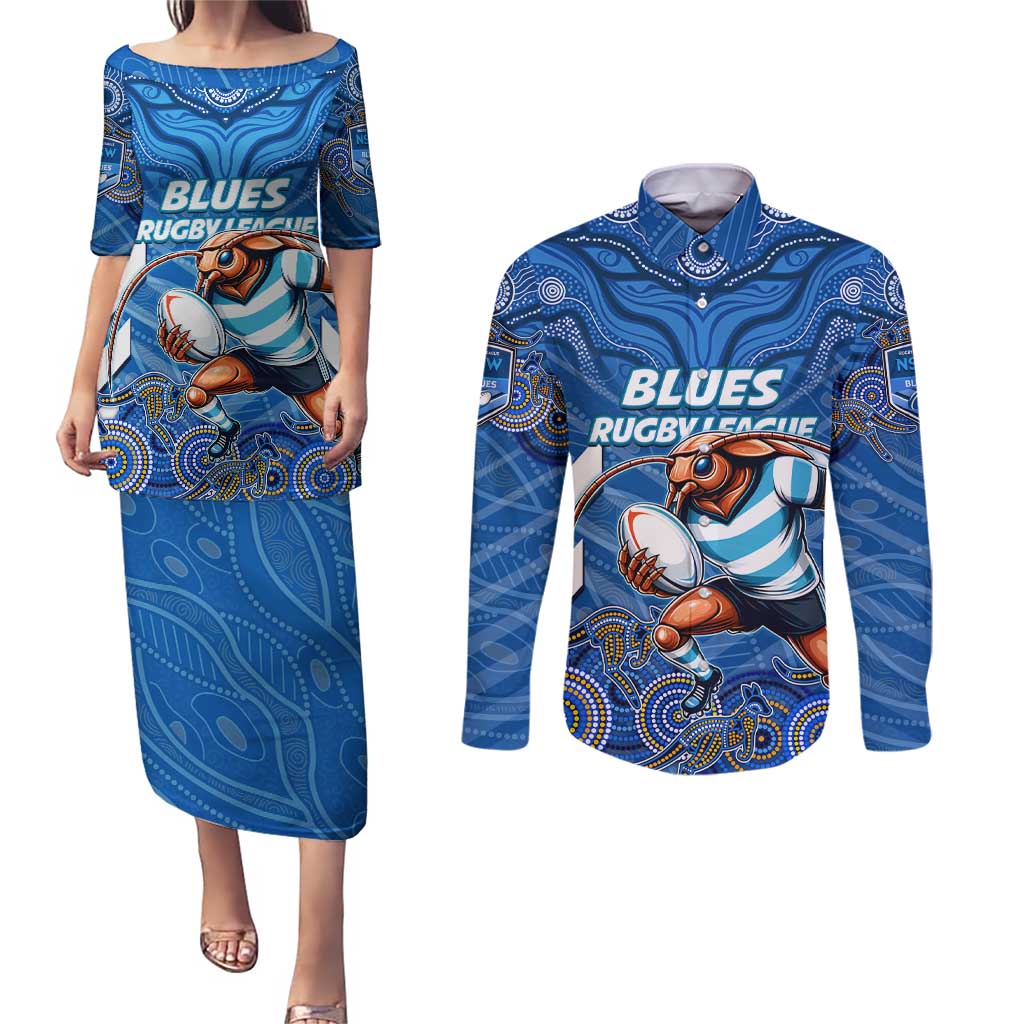 Custom Blues Cockroaches Couples Matching Puletasi and Long Sleeve Button Shirt New South Wales Rugby
