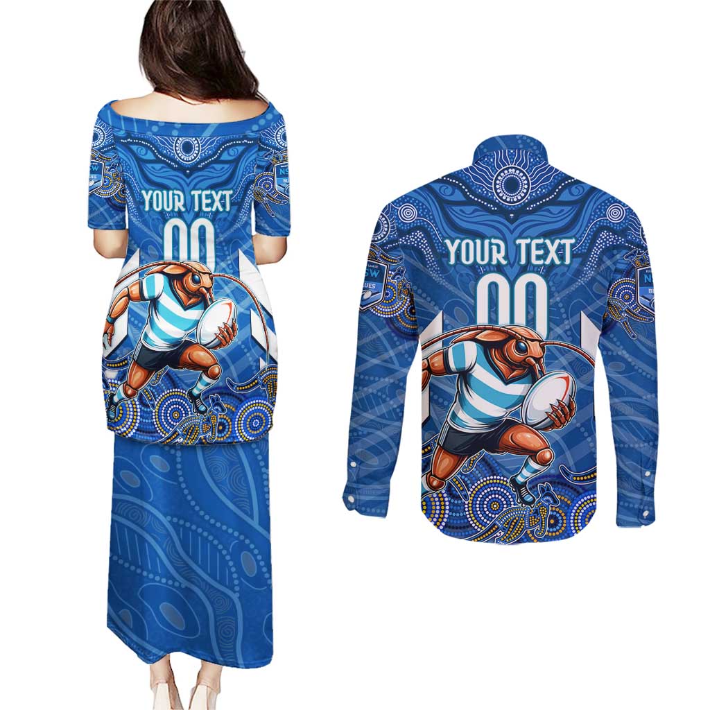 Custom Blues Cockroaches Couples Matching Puletasi and Long Sleeve Button Shirt New South Wales Rugby