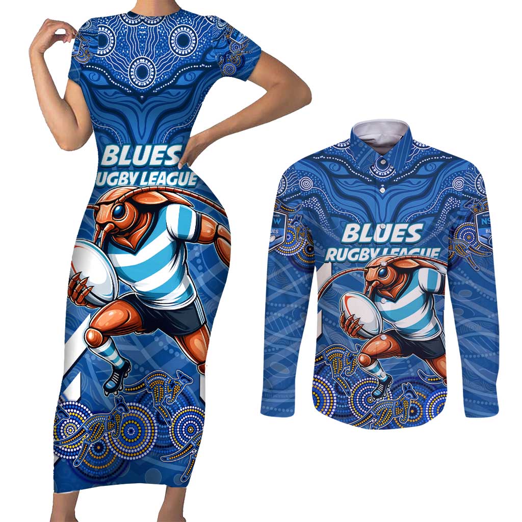 Custom Blues Cockroaches Couples Matching Short Sleeve Bodycon Dress and Long Sleeve Button Shirt New South Wales Rugby
