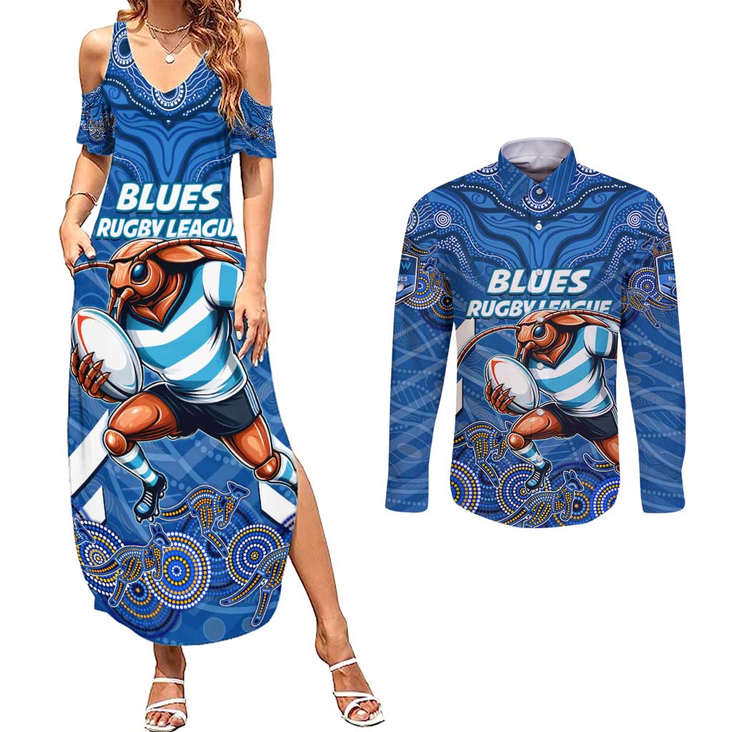 Custom Blues Cockroaches Couples Matching Summer Maxi Dress and Long Sleeve Button Shirt New South Wales Rugby