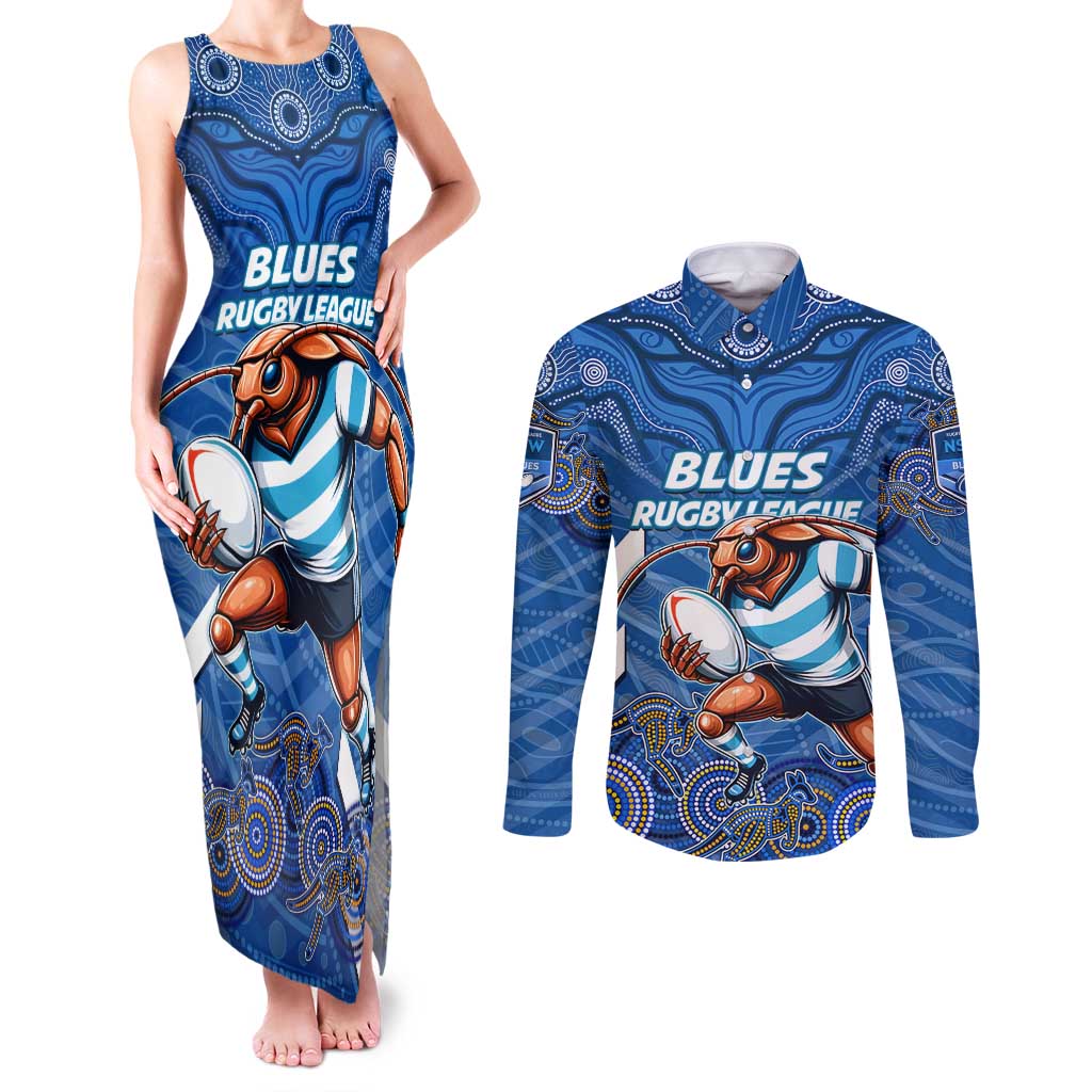 Custom Blues Cockroaches Couples Matching Tank Maxi Dress and Long Sleeve Button Shirt New South Wales Rugby