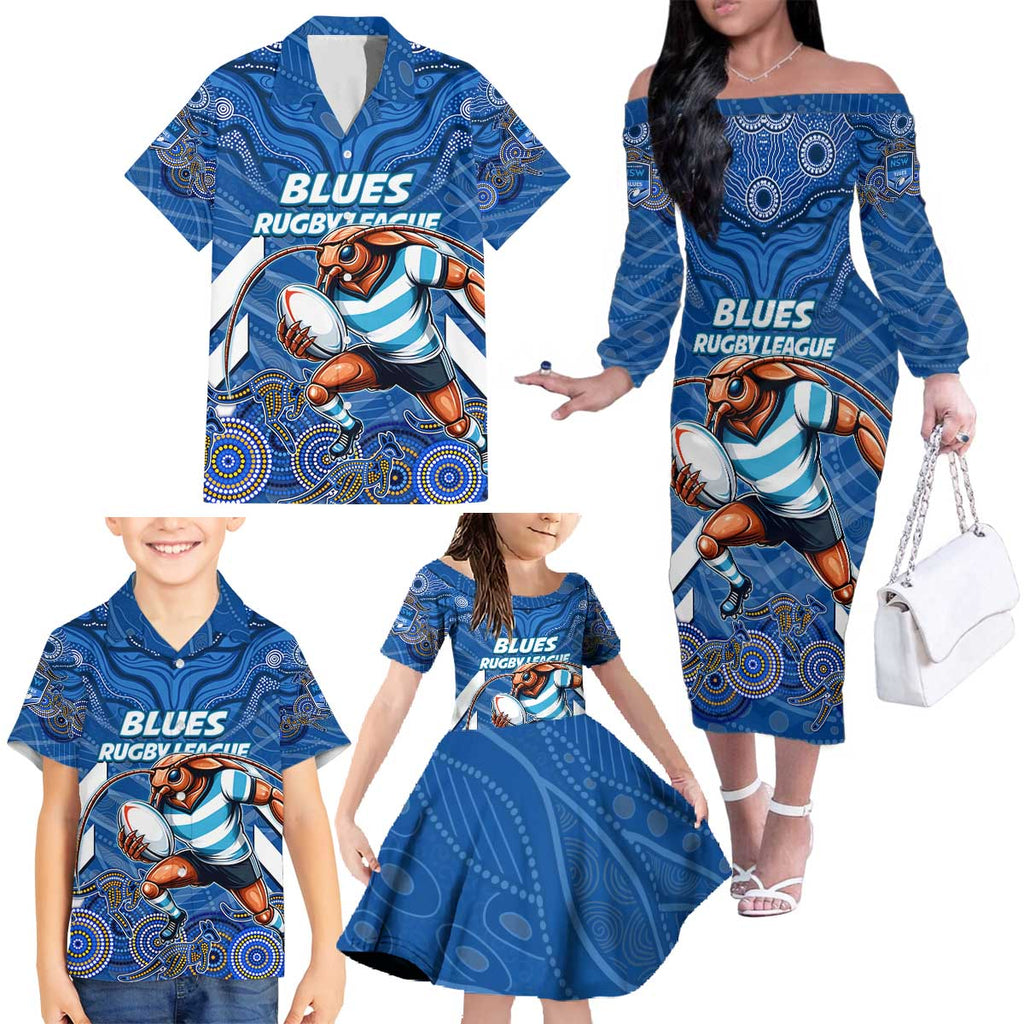 Custom Blues Cockroaches Family Matching Off The Shoulder Long Sleeve Dress and Hawaiian Shirt New South Wales Rugby